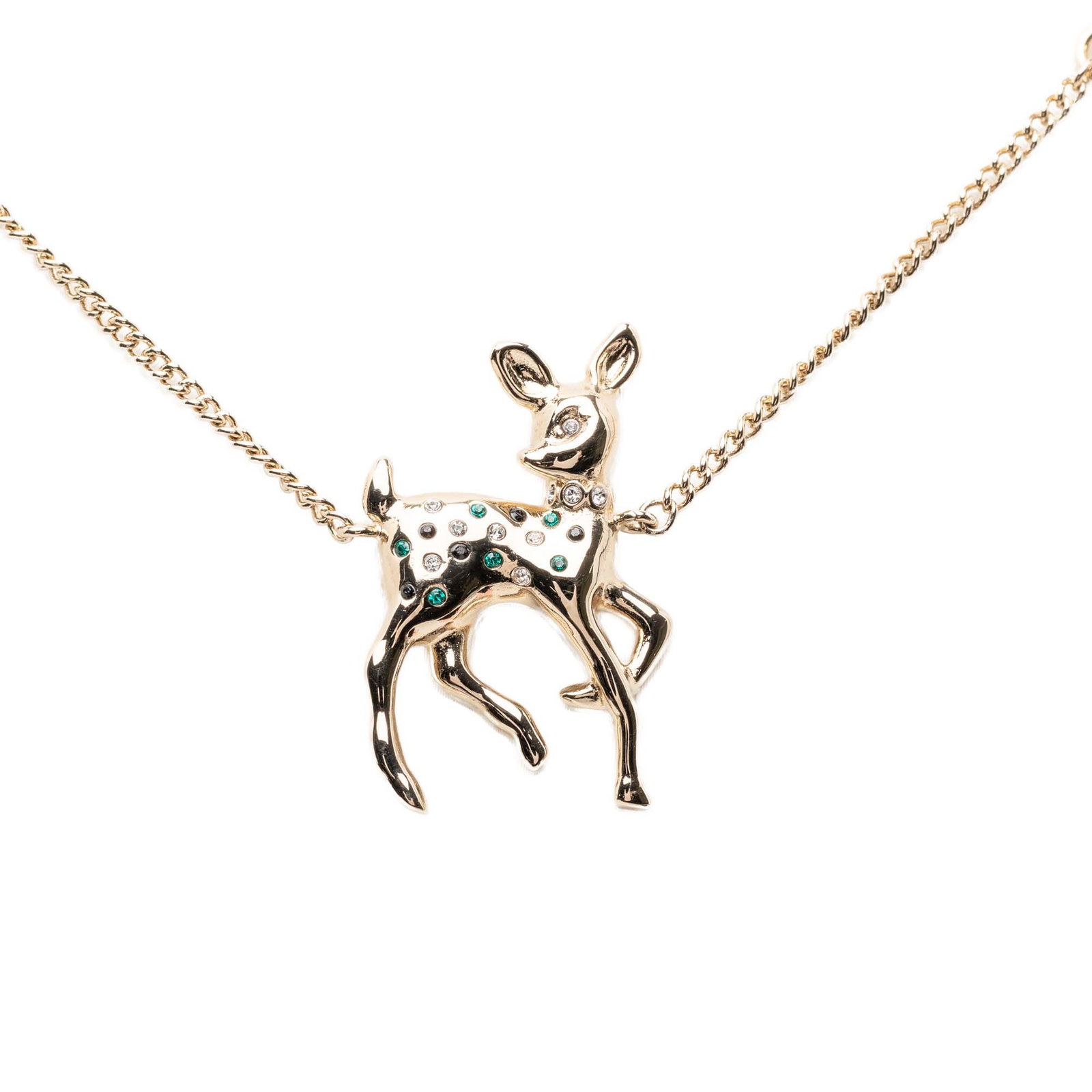 Chanel deer pendant necklace with faux pearl and strass: Chanel deer pendant necklace with faux pearl and strass This Chanel necklace features a brass body adorned with strass and faux pearl embellishments, showcasing a distinctive deer motif. It is complet