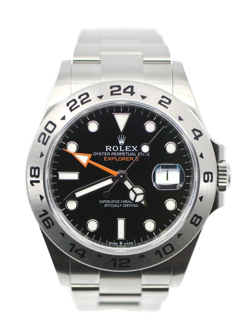Rolex Explorer II 42mm Stainless Steel Date Watch Box Papers: Rolex Explorer II 42mm Stainless Steel Date Watch Box Papers This Rolex Explorer II is a luxury men's wristwatch featuring a 42 mm stainless steel case and a matching stainless steel band. It has a so