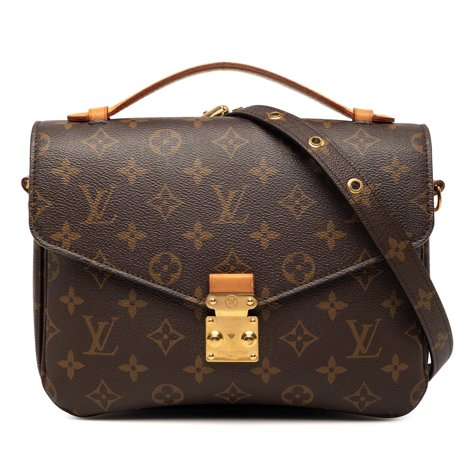 Louis Vuitton Pochette Metis Monogram Canvas Crossbody Bag: Louis Vuitton Pochette Metis Monogram Canvas Crossbody Bag This Louis Vuitton Monogram Pochette Metis bag features the brand's signature monogram canvas, complemented by a flat vachetta leather top ha
