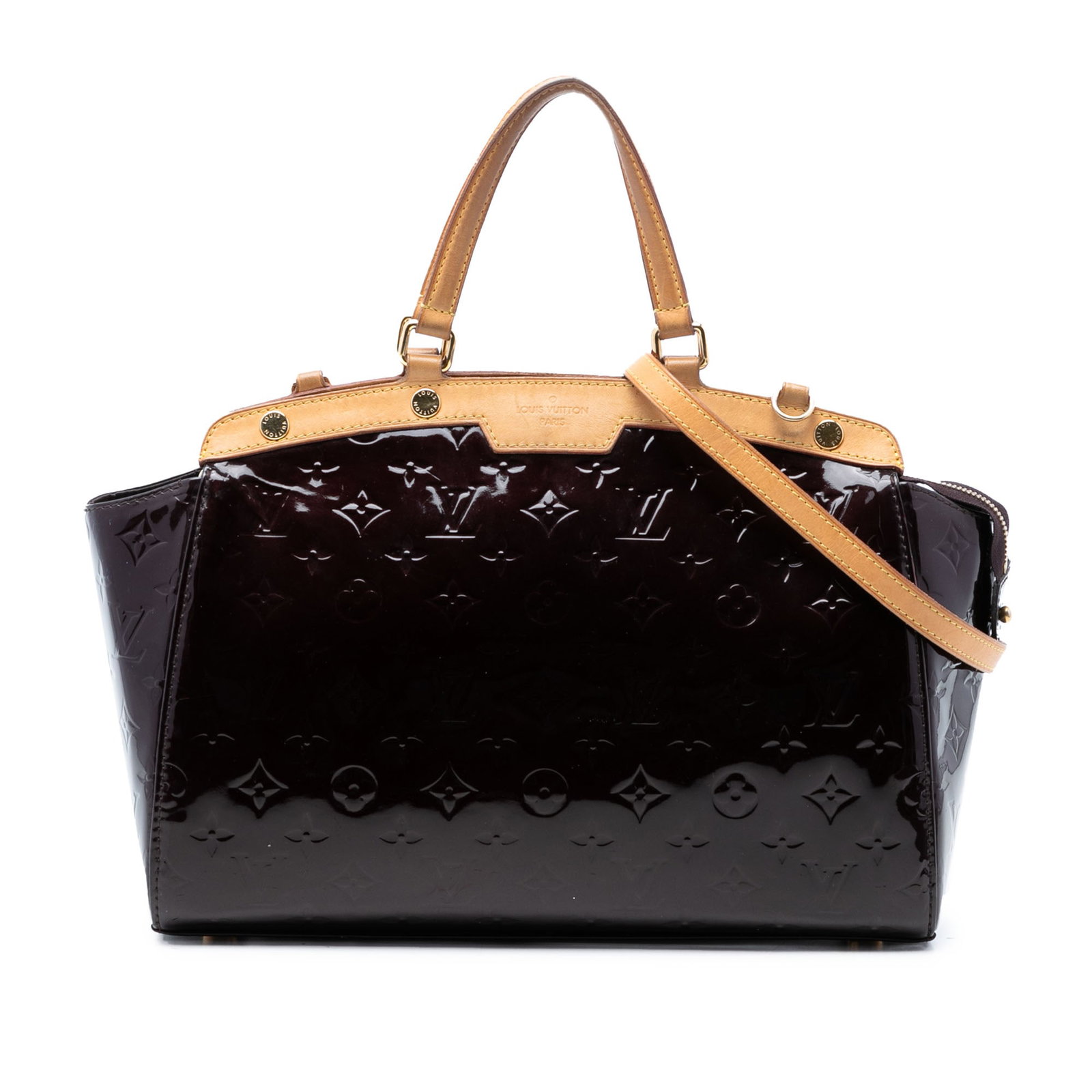 Louis Vuitton Brea MM Purple Vernis Leather Satchel with Vachetta Trim: Louis Vuitton Brea MM Purple Vernis Leather Satchel with Vachetta Trim This Louis Vuitton Monogram Vernis Brea MM features a vernis leather body with vachetta leather trim, flat vachetta leather handl