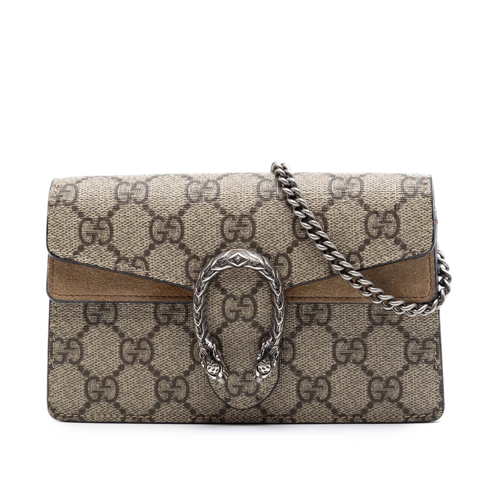 Gucci Dionysus Mini GG Supreme Beige Crossbody Bag: Gucci Dionysus Mini GG Supreme Beige Crossbody Bag This Gucci Mini GG Supreme Dionysus Crossbody bag features a coated canvas body with suede leather trim, a chain link shoulder strap, and a top flap 
