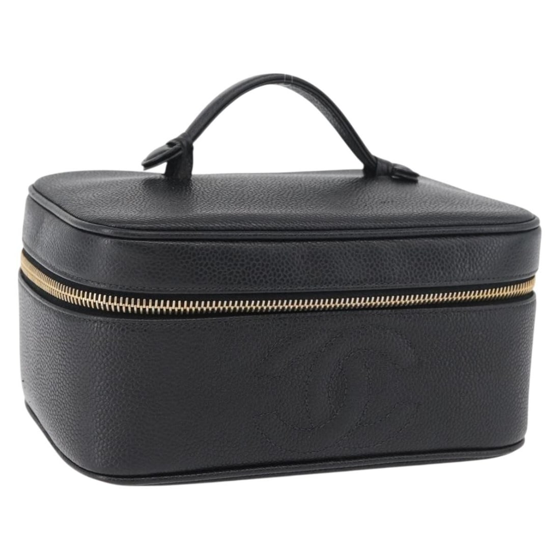 Chanel Caviar Skin Black Gold Vanity Handbag Authenticated: Chanel Caviar Skin Black Gold Vanity Handbag Authenticated This CHANEL Coco Mark Vanity Hand Bag is crafted from black caviar grained calf skin with gold-tone accents. Designed for women, this handbag