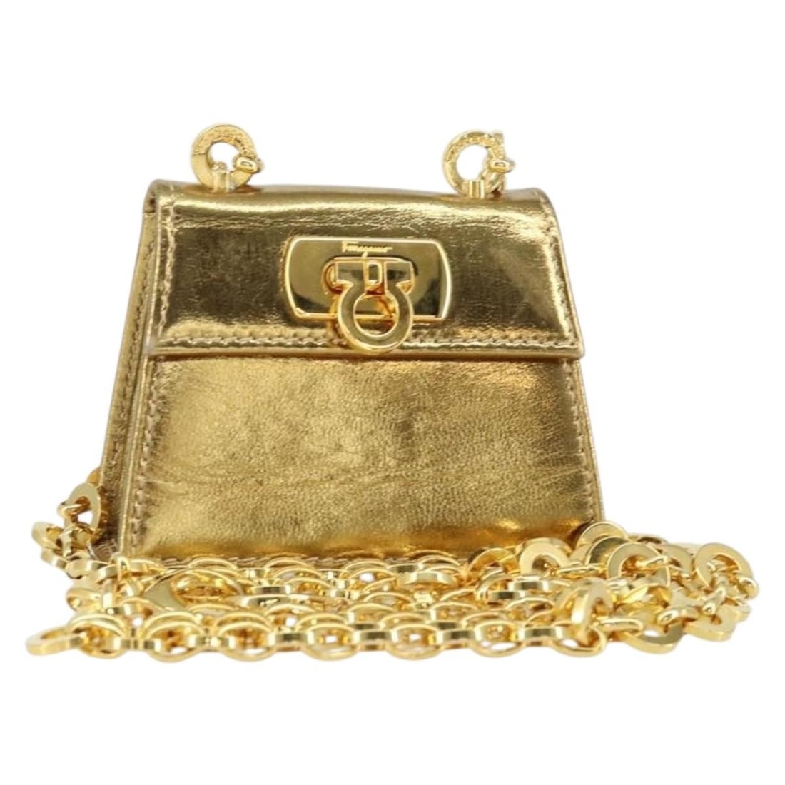 Salvatore Ferragamo Gancini Gold Leather Micro Shoulder Bag Authenticated: Salvatore Ferragamo Gancini Gold Leather Micro Shoulder Bag Authenticated This Salvatore Ferragamo Gancini Micro Chain Shoulder Bag is crafted from gold leather and features a compact design with a si