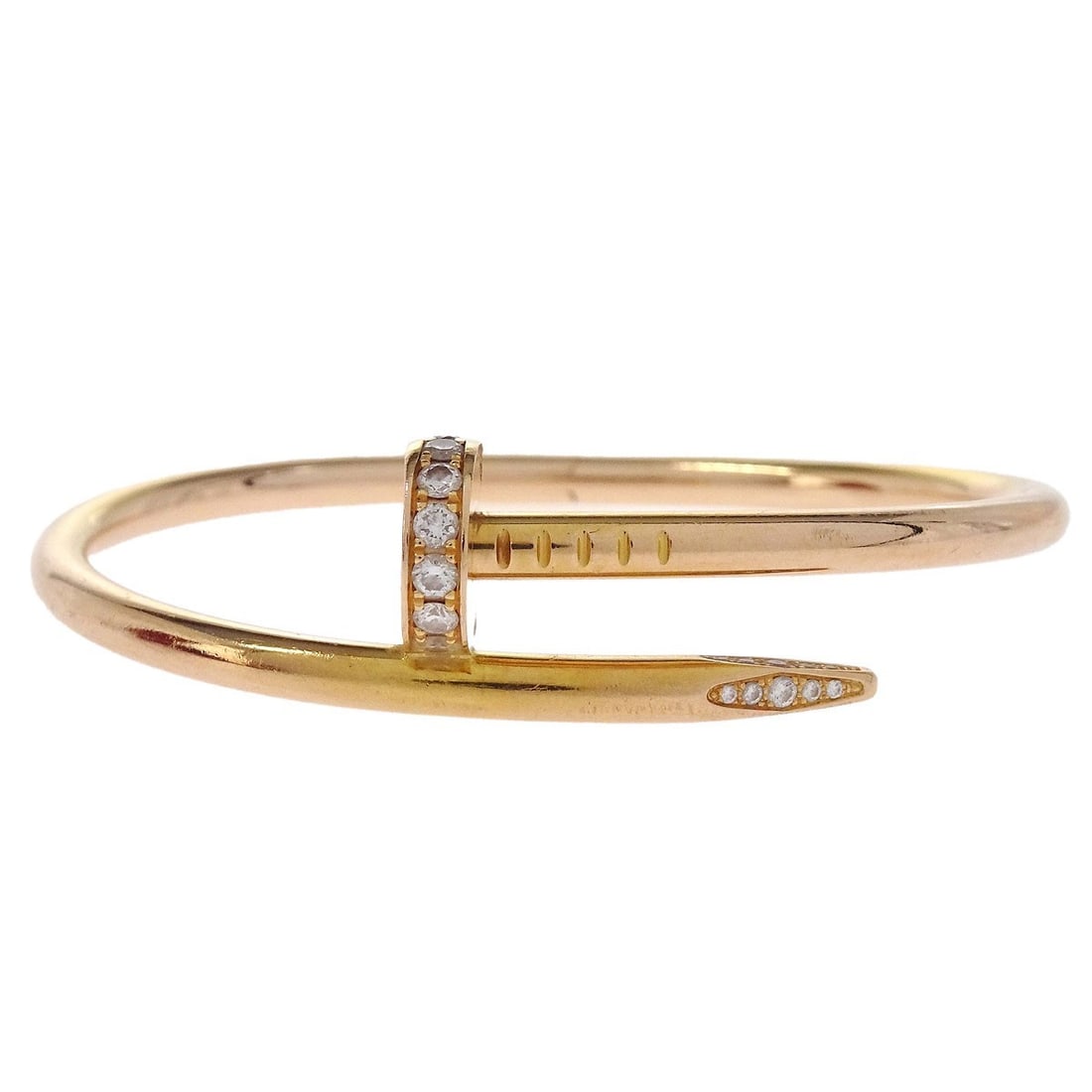 Cartier Juste Un Clou Rose Gold Diamond Bangle Bracelet: Cartier Juste Un Clou Rose Gold Diamond Bangle Bracelet This Cartier Juste Un Clou bracelet is crafted in Au750 rose gold and features a bangle style set with diamonds. The bracelet is in reasonable c
