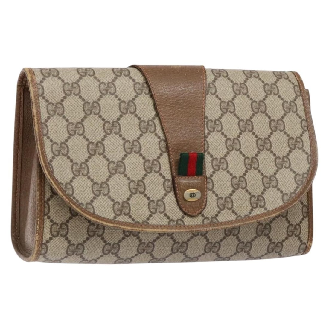 GUCCI GG Supreme Web Sherry Line Clutch Bag Beige Gold PVC Italy Auth 89 01 030: GUCCI GG Supreme Web Sherry Line Clutch Bag Beige Gold PVC Italy Auth 89 01 030 Introducing the GUCCI GG Supreme Web Sherry Line Clutch Bag, crafted in Italy from high-quality PVC leather. This stylis