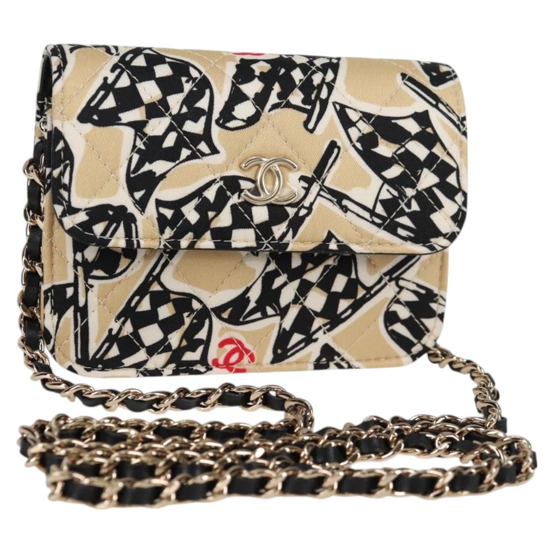Beige Quilted Canvas Chanel Flap Card Holder With Chain: Beige Quilted Canvas Chanel Flap Card Holder With Chain This Chanel Flap Card Holder on Chain is crafted from beige quilted printed nylon and features a sleek, compact design. Suitable for women, it o