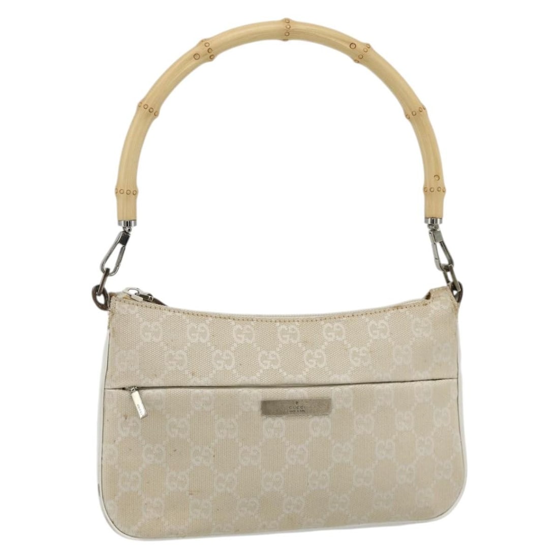 Gucci GG Canvas Silver Beige Bamboo Handbag 001 3870: Gucci GG Canvas Silver Beige Bamboo Handbag 001 3870 This Gucci GG Canvas Bamboo Hand Bag features a silver and beige colorway with the classic GG canvas exterior. Made in Italy, the handbag offers a 