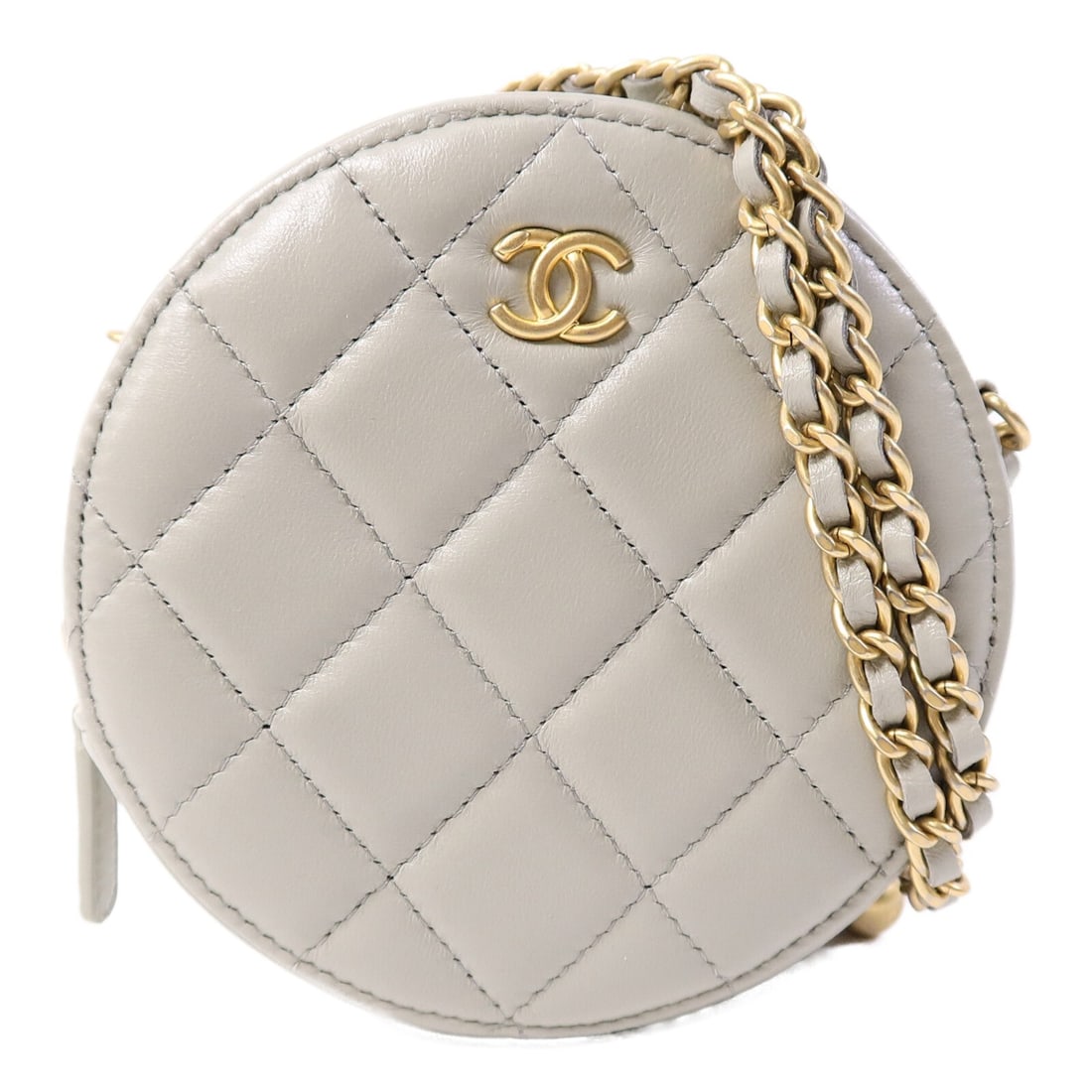 Chanel Vanity Case AP1449 Grey Lambskin Shoulder Bag GHW: Chanel Vanity Case AP1449 Grey Lambskin Shoulder Bag GHW This CHANEL CC vanity case chain shoulder bag features luxurious lambskin leather in a sophisticated grey hue. Designed with gold-tone hardware