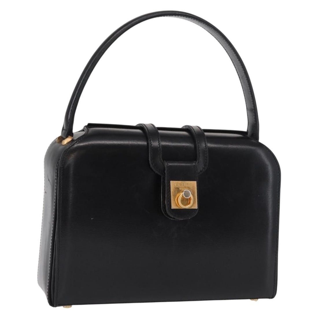 CELINE Black Gold Leather Handbag with Dust Bag Italy F/09: CELINE Black Gold Leather Handbag with Dust Bag Italy F/09 This CELINE handbag features a black leather exterior with gold-tone accents. Designed in a classic style, it includes a matching dust bag an