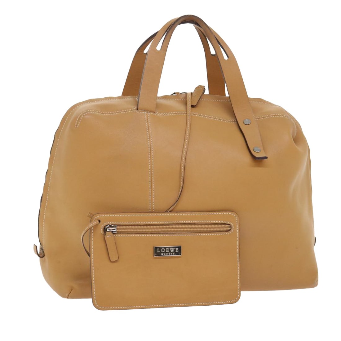 LOEWE beige leather handbag with pouch: LOEWE beige leather handbag with pouch This LOEWE handbag is crafted from beige leather and features a spacious design suitable for everyday use. The bag includes a matching pouch accessory and is des