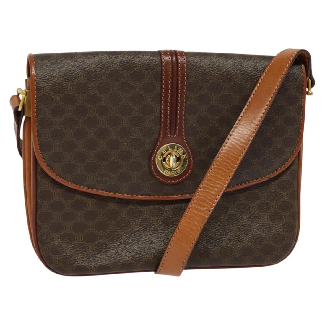 Celine Macadam Brown Canvas and Leather Vintage Shoulder Bag: Celine Macadam Brown Canvas and Leather Vintage Shoulder Bag This Celine Vintage Macadam Shoulder Bag features a classic brown canvas exterior with leather trim. Designed for unisex use, it offers a t