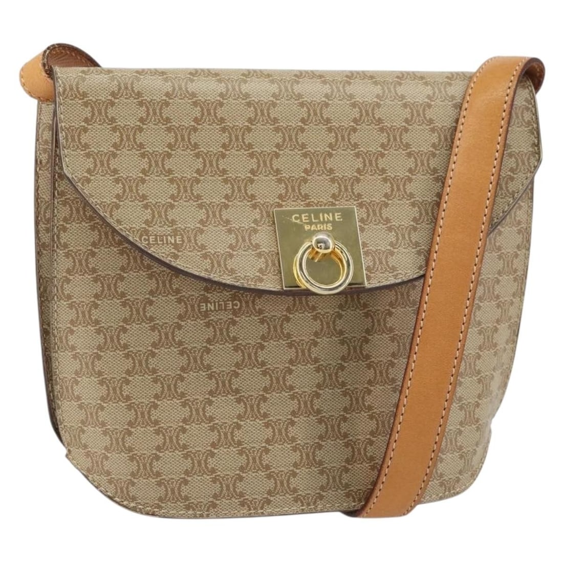 CELINE Beige Gold Macadam Canvas Shoulder Bag PVC Italy Auth: CELINE Beige Gold Macadam Canvas Shoulder Bag PVC Italy Auth This authentic CELINE Macadam Canvas Shoulder Bag showcases a stylish and functional design, perfect for everyday use. Crafted from durable