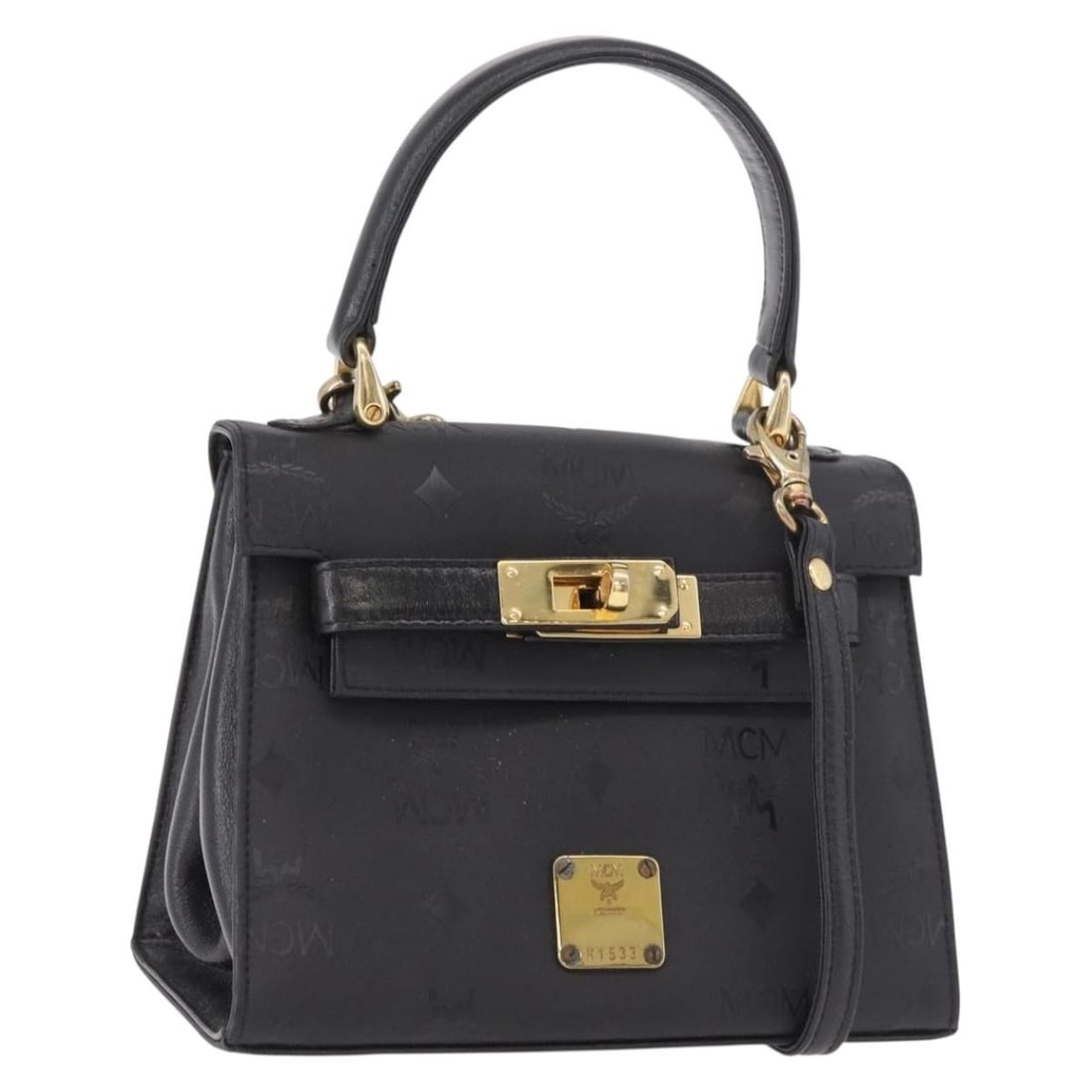 MCM Vicetos Logogram PVC Black Gold Shoulder Bag Auth 183880A: MCM Vicetos Logogram PVC Black Gold Shoulder Bag Auth 183880A This MCM Logogram Vicetos handbag is crafted from durable PVC leather in a black and gold color scheme. Designed as a versatile 2-way bag,