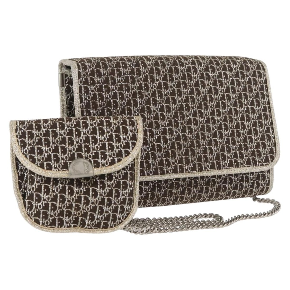 Christian Dior Gold Trotter Canvas Chain Shoulder Bag with Pouch: Christian Dior Gold Trotter Canvas Chain Shoulder Bag with Pouch This Christian Dior Trotter Canvas chain shoulder bag features a gold-tone exterior and a compact silhouette, designed for women's use.