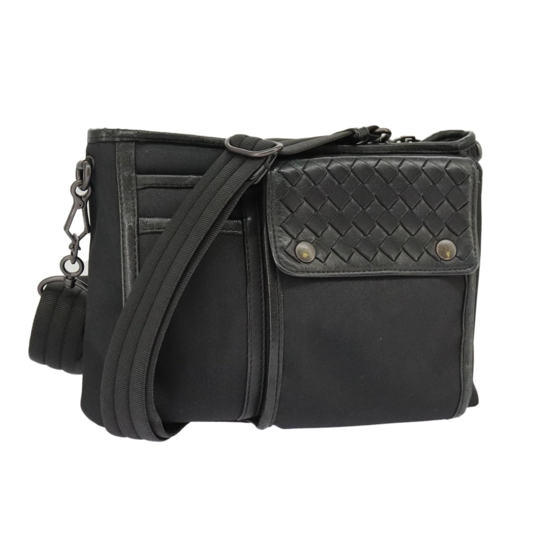 Bottega Veneta Black Canvas Intrecciato Shoulder Bag: Bottega Veneta Black Canvas Intrecciato Shoulder Bag This Bottega Veneta Intrecciato shoulder bag is crafted from black canvas and designed for women. The bag features a compact silhouette with approx