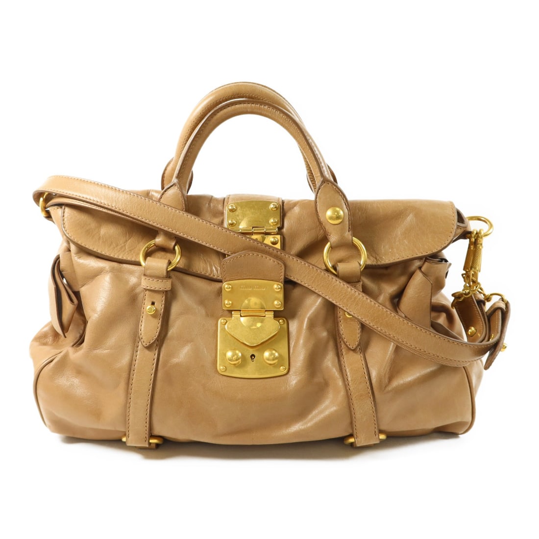Miu Miu Brown Calfskin Bow Shoulder Bag with Gold Hardware: Miu Miu Brown Calfskin Bow Shoulder Bag with Gold Hardware This Miu Miu 2-way shoulder bag features brown calfskin leather and gold-tone hardware. Designed for women, it offers versatile carrying opti