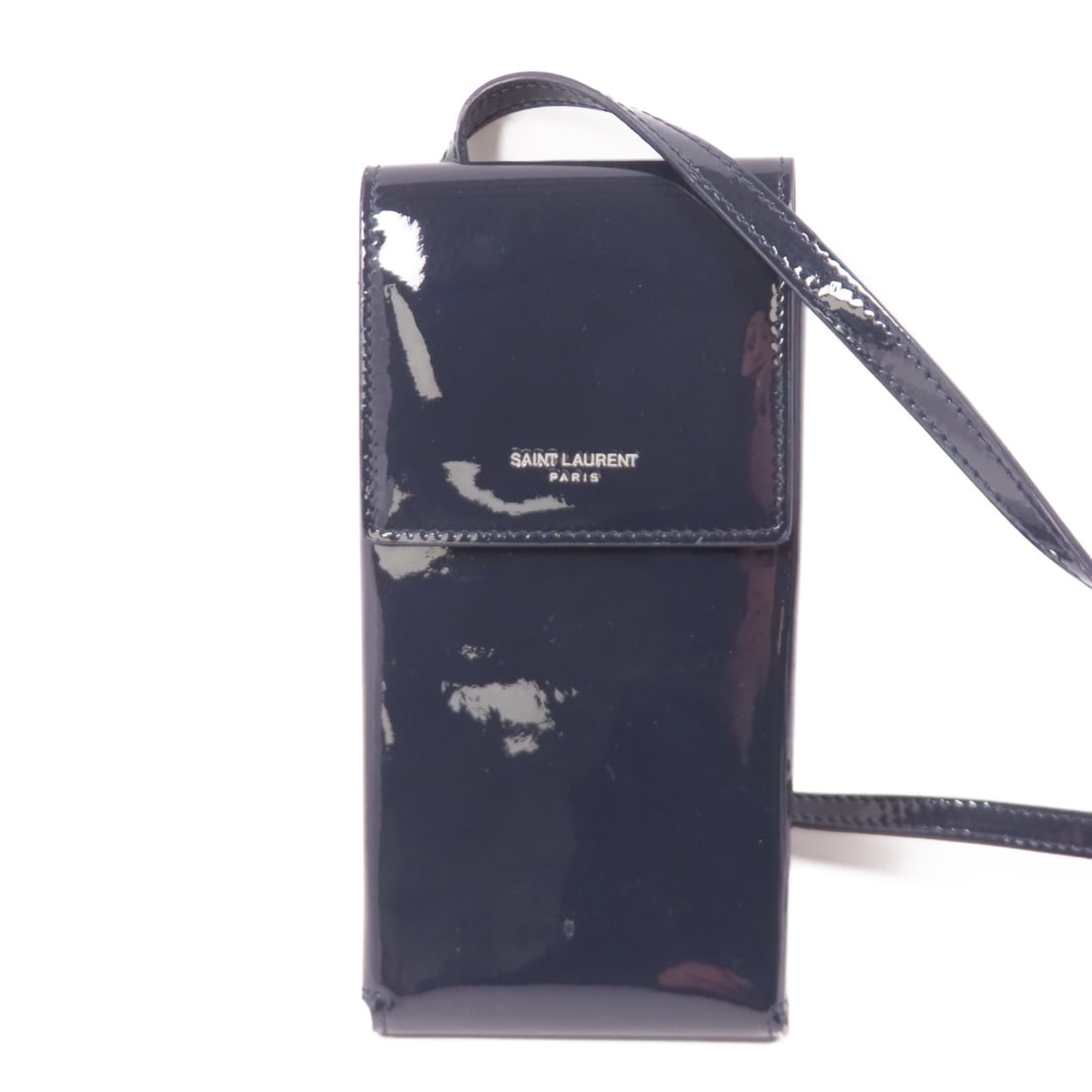 Saint Laurent Patent Leather Dark Blue Shoulder Phone Pouch Bag: Saint Laurent Patent Leather Dark Blue Shoulder Phone Pouch Bag This Saint Laurent shoulder bag is crafted from dark blue patent leather and features silver-tone hardware. Designed as a phone pouch, i