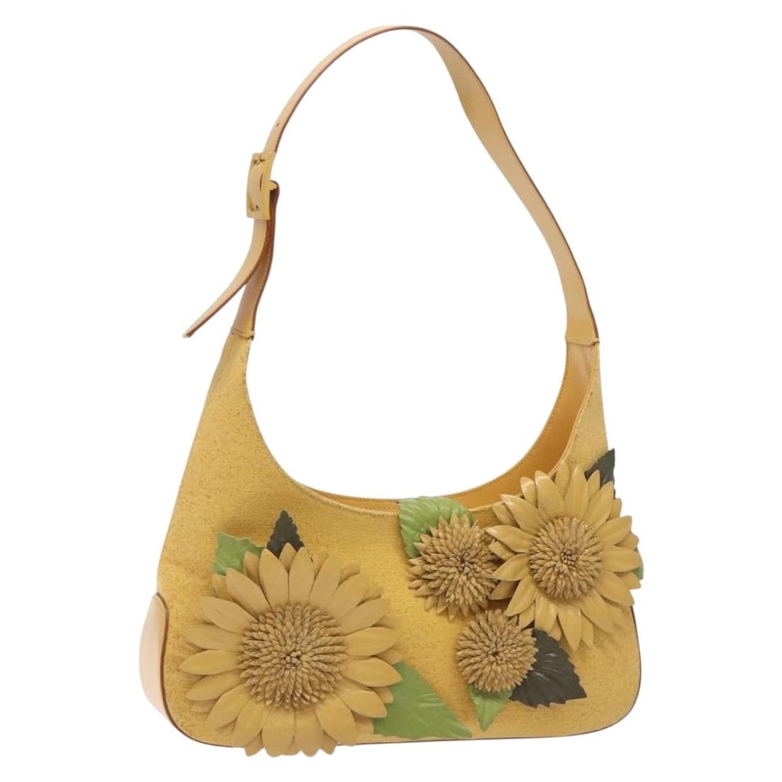 Ferragamo Sunflower yellow canvas shoulder bag Italy: Ferragamo Sunflower yellow canvas shoulder bag Italy This Salvatore Ferragamo Sunflower Shoulder Bag features a vibrant yellow canvas exterior and is designed for women. Crafted in Italy, the bag has 