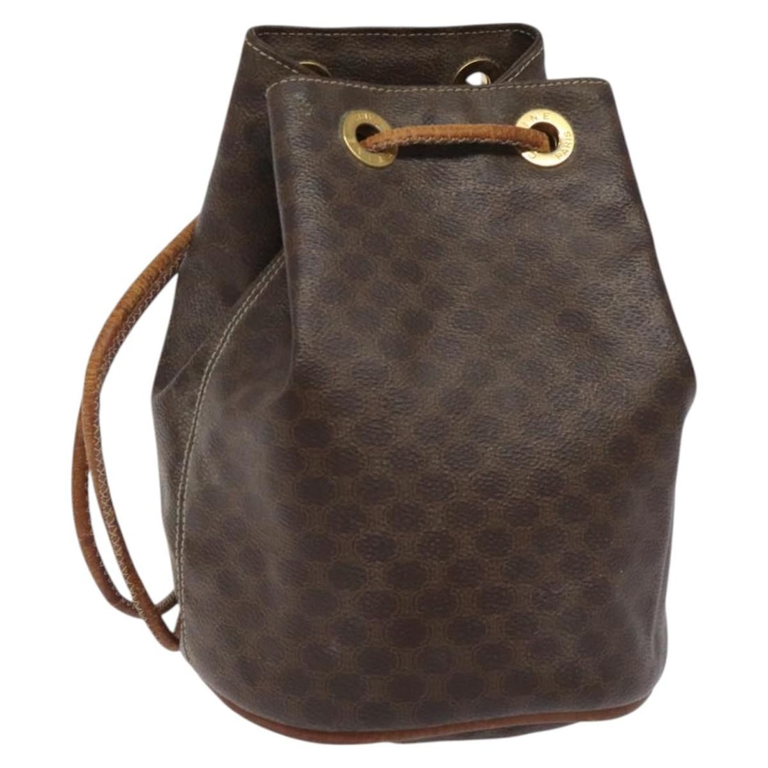 CELINE Brown Macadam PVC Leather Backpack Purse Gold Tone Trim Italy: CELINE Brown Macadam PVC Leather Backpack Purse Gold Tone Trim Italy This CELINE Macadam backpack is crafted from brown PVC leather and Macadam canvas with gold-tone accents. Featuring a compact desig