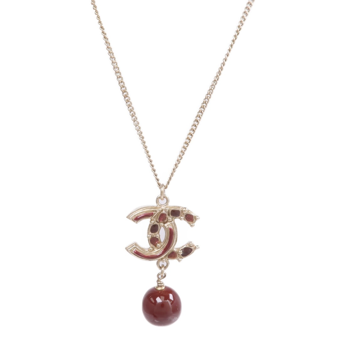 CHANEL CC Logo Gold Tone Bordeaux Women's Necklace: CHANEL CC Logo Gold Tone Bordeaux Women's Necklace This CHANEL CC necklace features a gold and Bordeaux color scheme with a metal construction. Designed for women, it showcases CHANEL's iconic style a