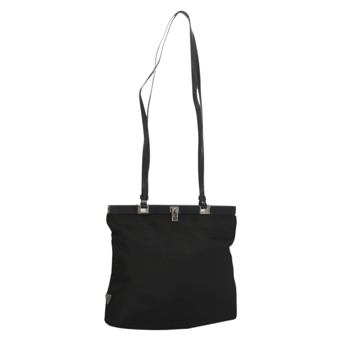 Prada Nylon Black Silver Shoulder Bag Italy: Prada Nylon Black Silver Shoulder Bag Italy This PRADA shoulder bag is crafted from black nylon with silver-tone accents. Designed for women, it features a structured silhouette with a top shoulder st