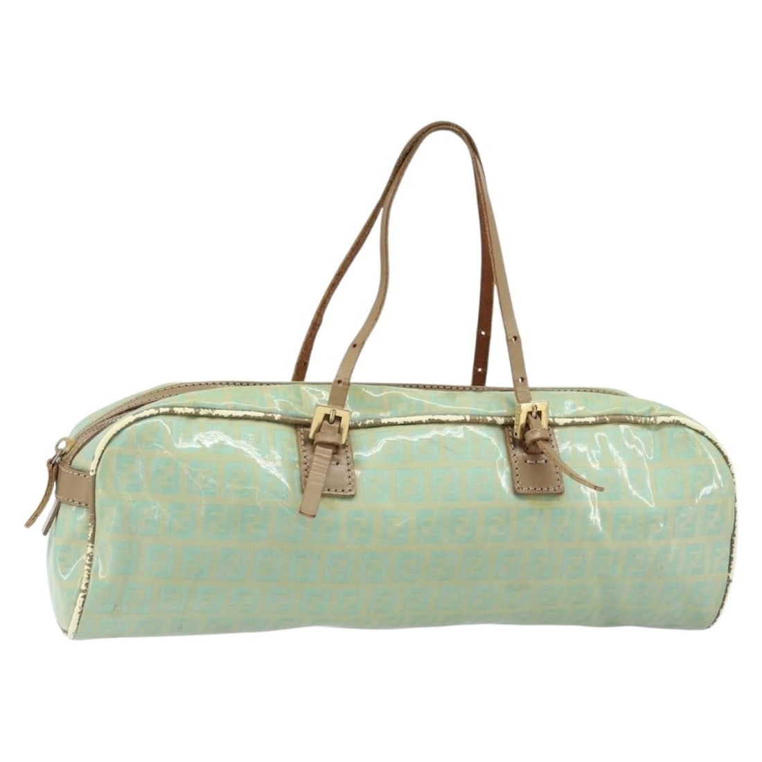 Green Zucchino Coated Canvas Handbag by FENDI Gold Accents: Green Zucchino Coated Canvas Handbag by FENDI Gold Accents This FENDI Zucchino Canvas handbag for women features a green and gold coated canvas exterior with signature Zucchino pattern. Made in Italy,