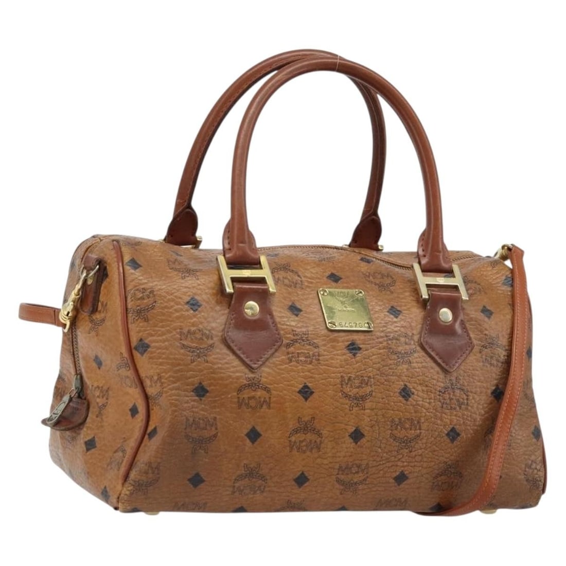 MCM Logogram Brown PVC Leather 2way Handbag with Shoulder Strap: MCM Logogram Brown PVC Leather 2way Handbag with Shoulder Strap This MCM Logogram Vicetos 2-way handbag features a brown and gold PVC leather exterior, offering versatility with both a top handle and 