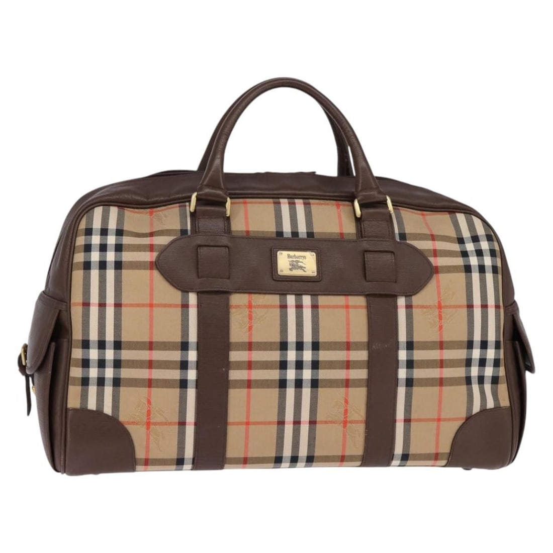 Burberrys Nova Check Beige Gold Canvas Boston Bag: Burberrys Nova Check Beige Gold Canvas Boston Bag This Burberrys Boston bag features the iconic Nova Check pattern in beige and gold canvas. Designed for women, the bag offers ample space with its gen