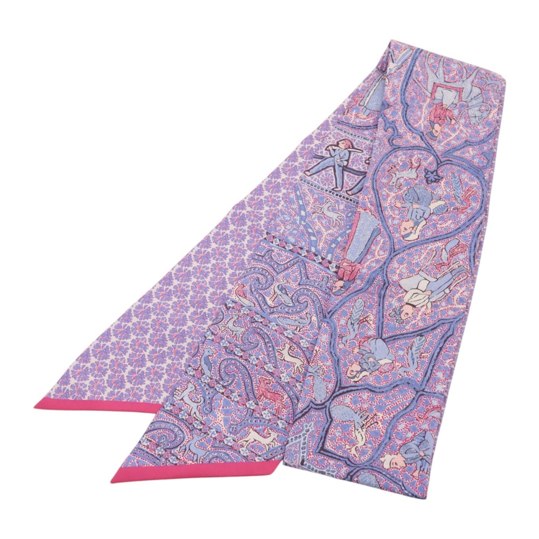 Hermes Silk Maxi Twilly Slim Purple Multicolor Women's Scarf: Hermes Silk Maxi Twilly Slim Purple Multicolor Women's Scarf This Hermes Maxi Twilly Slim scarf is crafted from luxurious silk and showcases a vibrant purple, pink, and multicolor design. Made in Fran