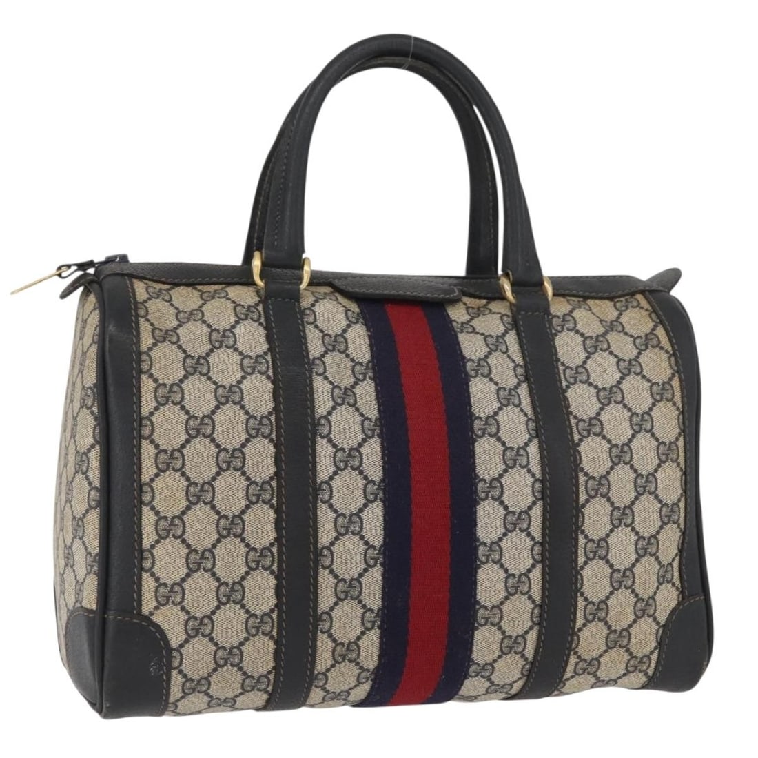 Gucci Boston Bag GG Supreme Navy PVC Leather Gold Tone Handbag: Gucci Boston Bag GG Supreme Navy PVC Leather Gold Tone Handbag This is a GUCCI GG Supreme Boston Bag designed for women, crafted from PVC leather and GG canvas in navy and gold tones. Made in Italy, t