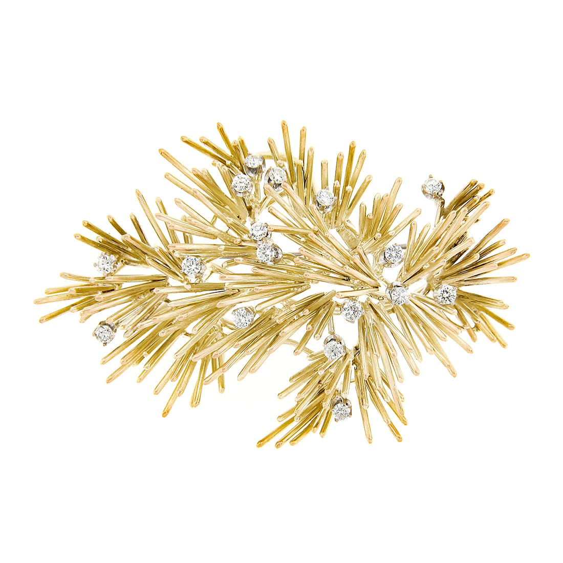 Vintage 14K Gold Handmade Diamond Branch Brooch Pin 1.10ctw: Vintage 14K Gold Handmade Diamond Branch Brooch Pin 1.10ctw This exquisite vintage brooch pin is crafted from solid 14K greenish yellow gold and features a stunning handmade wire spray branch design a