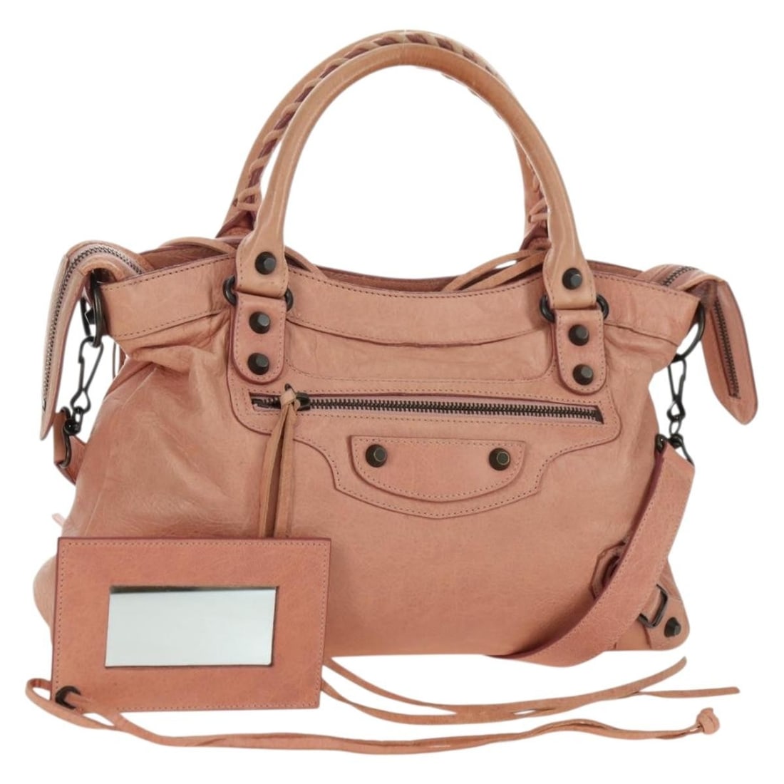 Balenciaga Town Pink Leather 2way Handbag 240579 with Strap and Mirror: Balenciaga Town Pink Leather 2way Handbag 240579 with Strap and Mirror This Balenciaga The Town handbag is crafted from pink leather and features a versatile 2-way design, allowing it to be carried by
