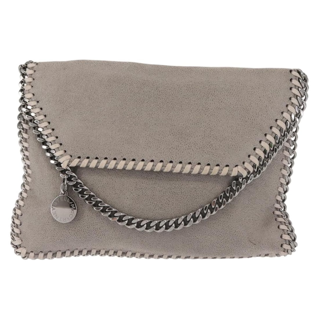 Gray Suede Falabella Fold Over Flap Crossbody by Stella McCartney: Gray Suede Falabella Fold Over Flap Crossbody by Stella McCartney This Stella McCartney Falabella Fold Over Flap Crossbody Bag features a gray suede exterior, designed for women. The bag shows signs o