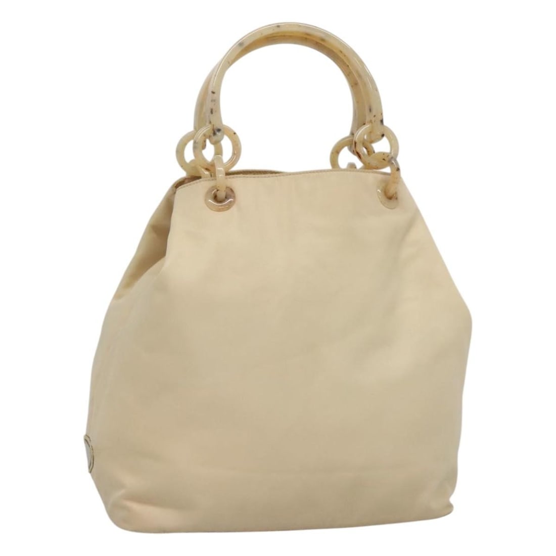 Prada beige nylon handbag Italy silver trim women: Prada beige nylon handbag Italy silver trim women This PRADA women's handbag is crafted from beige and silver nylon, offering a stylish and practical accessory. Made in Italy, it features a spacious i