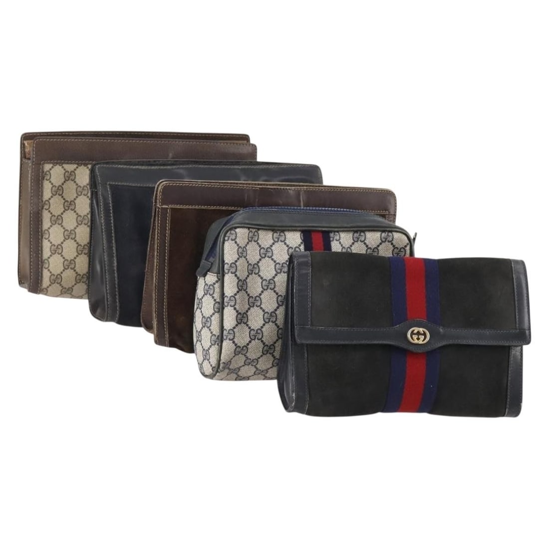 Gucci Sherry Line Navy Beige PVC Suede Clutch Set 5 Auth 174951: Gucci Sherry Line Navy Beige PVC Suede Clutch Set 5 Auth 174951 This is a set of five GUCCI GG Supreme Web Sherry Line clutch bags crafted from PVC leather and GG canvas in navy, beige, and brown tone