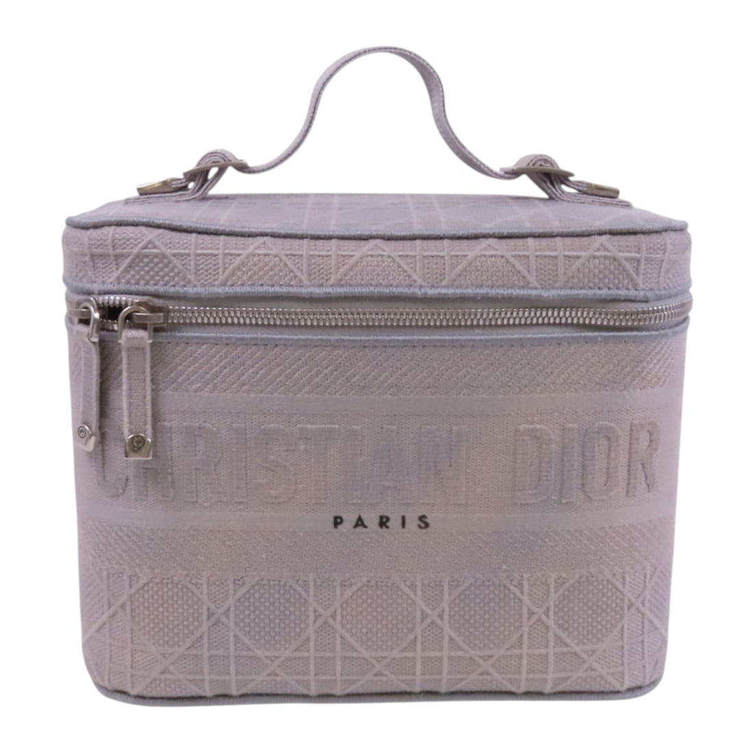Dior CD SHW gray canvas vanity case handbag: Dior CD SHW gray canvas vanity case handbag This Christian Dior vanity case handbag features a sleek gray canvas exterior and structured silhouette. Designed for women, it offers a versatile and styli