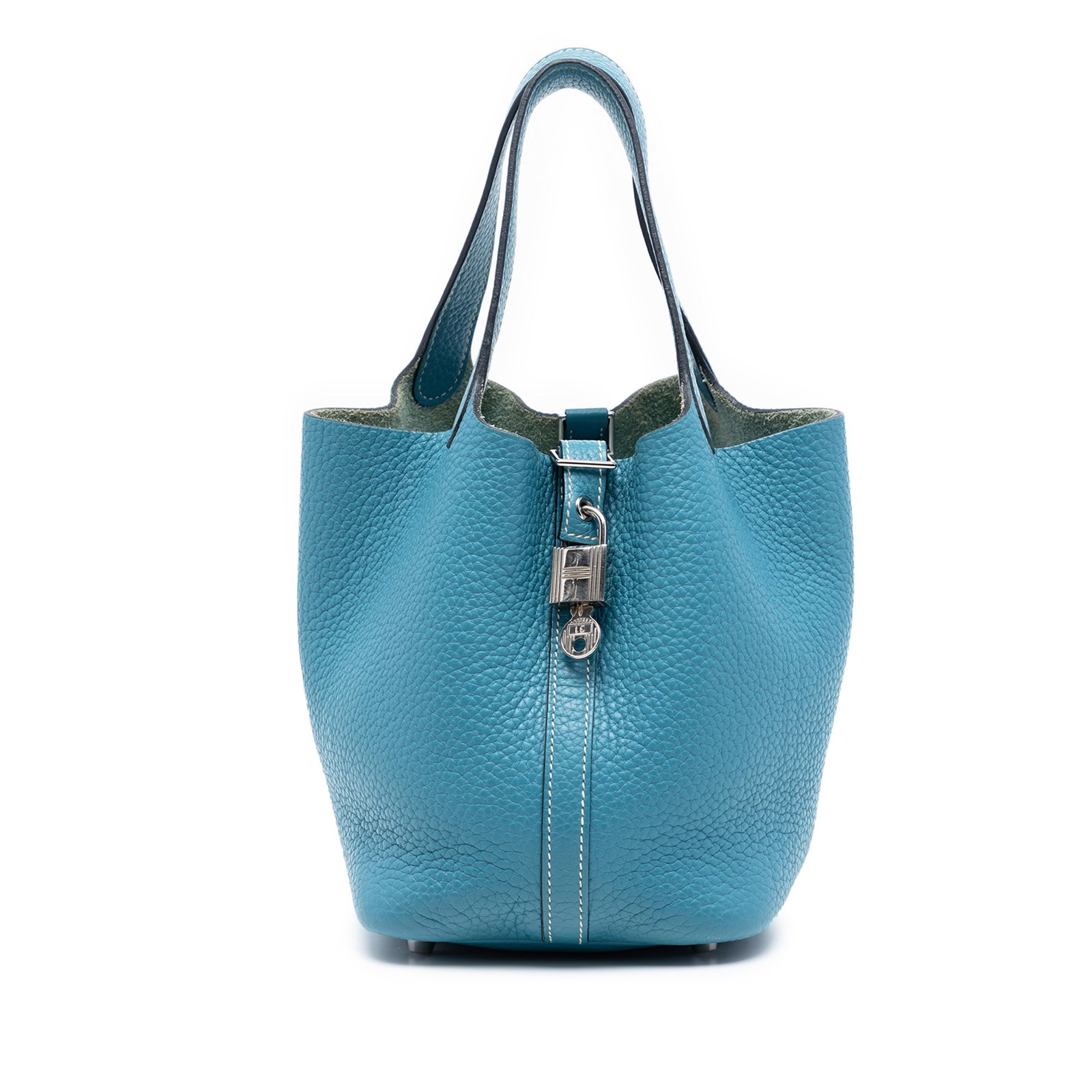 Blue Jean Clemence Leather Picotin Lock 18 Handbag by Hermes: Blue Jean Clemence Leather Picotin Lock 18 Handbag by Hermes The Hermes Clemence Picotin Lock 18 is crafted from Blue Jean Clemence leather and features flat leather handles and a top flat strap with 
