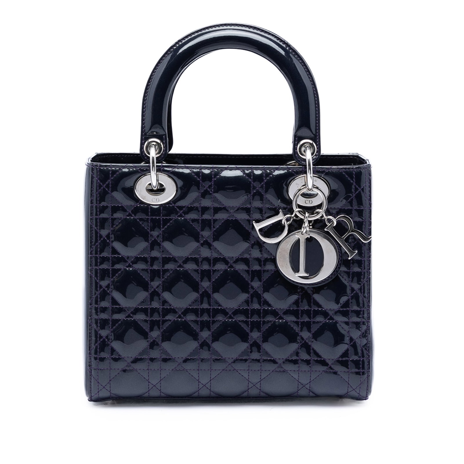 Dior Medium Cannage Lady Dior Purple Patent Leather Bag: Dior Medium Cannage Lady Dior Purple Patent Leather Bag This Medium Patent Cannage Lady Dior bag features a quilted patent leather exterior in purple, complemented by flat leather top handles and a to