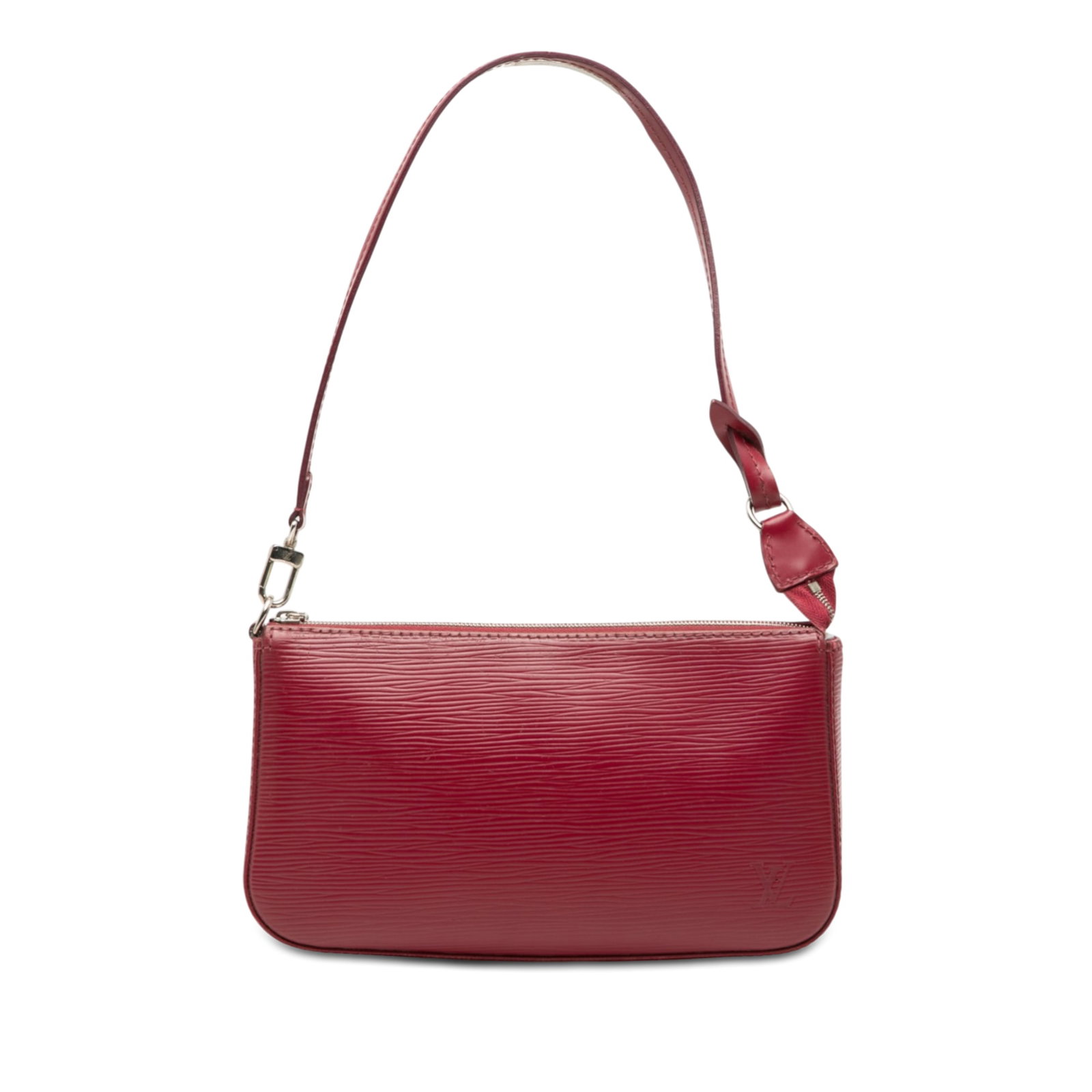 Louis Vuitton Epi red leather pochette with strap: Louis Vuitton Epi red leather pochette with strap This Louis Vuitton Epi Pochette Accessoires is crafted from durable epi leather in red and features a flat leather strap, a top zip closure, and an in