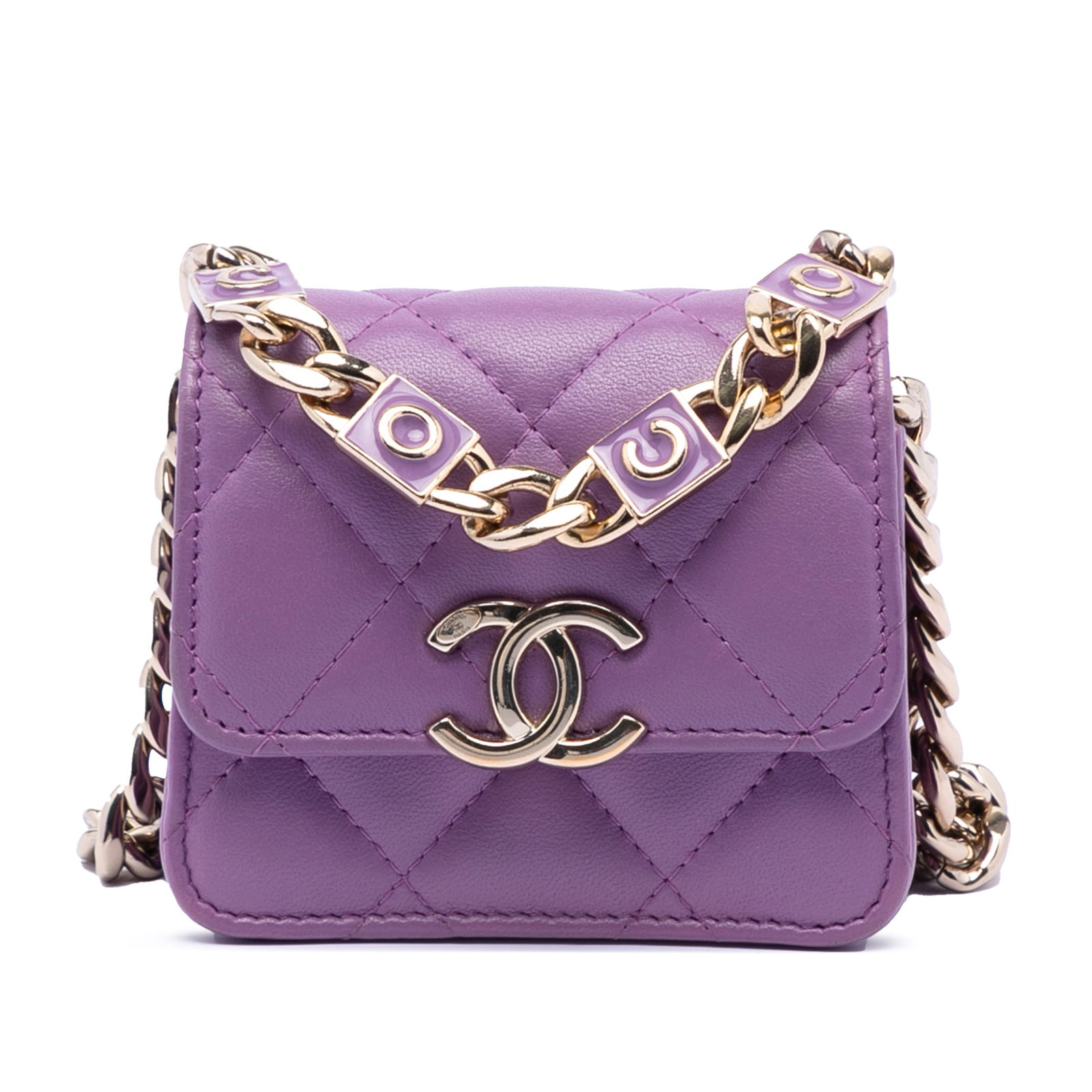 Chanel Coco Purple Quilted Lambskin Chain Card Holder with Enamel Letter Charm: Chanel Coco Purple Quilted Lambskin Chain Card Holder with Enamel Letter Charm This Chanel CC Quilted Lambskin Coco Card Holder on Chain is a crossbody bag crafted from quilted leather in purple. It f