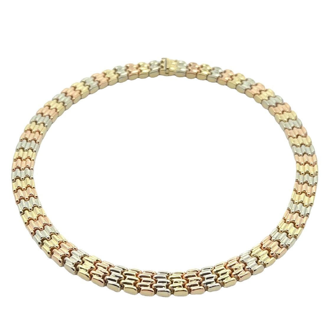 Reversible 14k Tri Color Yellow Gold Italian 16 Inch Collar Link Necklace: Reversible 14k Tri Color Yellow Gold Italian 16 Inch Collar Link Necklace This Italian reversible collar necklace features a sophisticated link chain design crafted from solid 14k yellow, rose, and wh