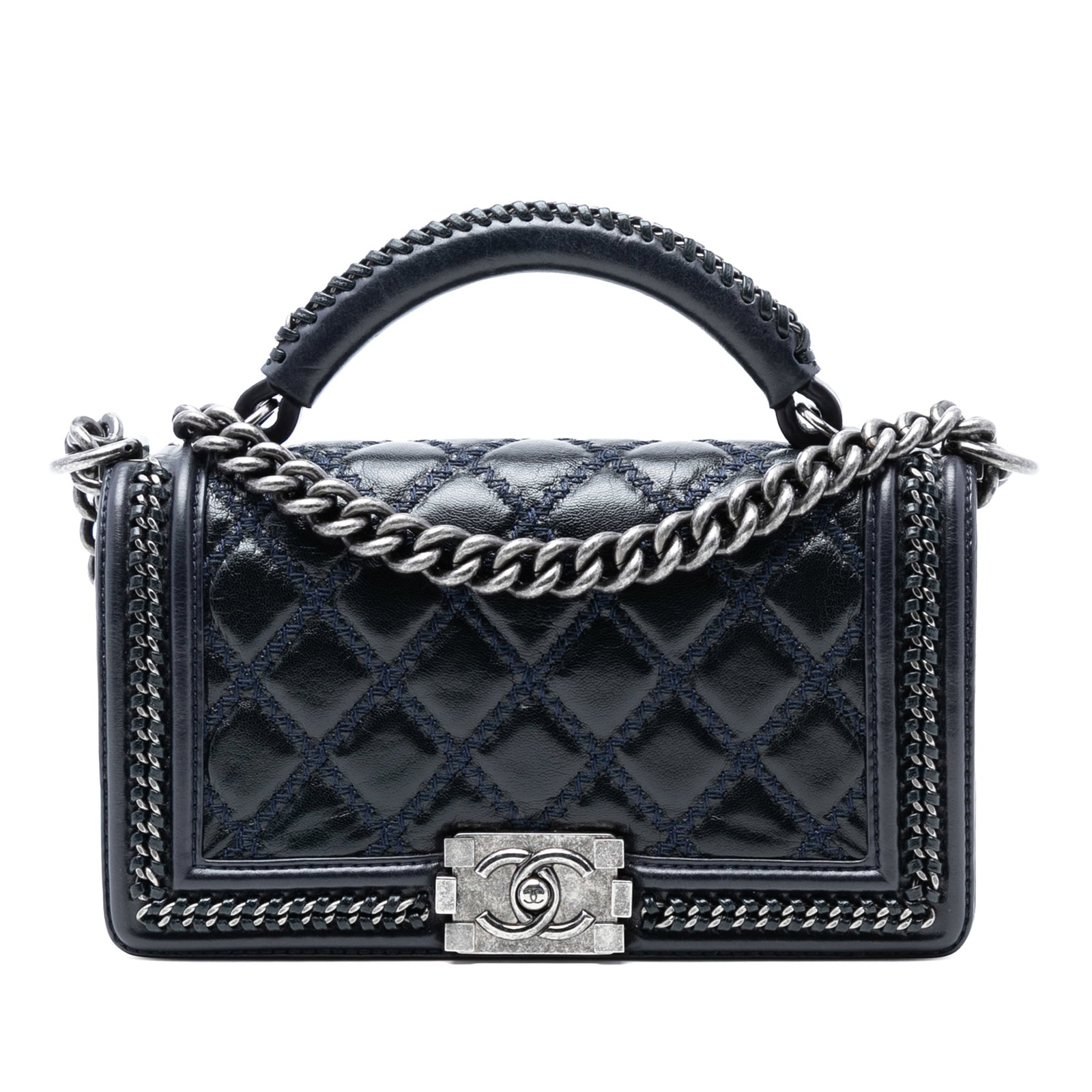 Chanel Boy Old Medium Blue Quilted Calfskin Whipstitch Chain Top Handle Bag: Chanel Boy Old Medium Blue Quilted Calfskin Whipstitch Chain Top Handle Bag This Chanel Old Medium Boy Top Handle Flap bag features a quilted blue leather body with whipstitch detailing, a gold-tone s