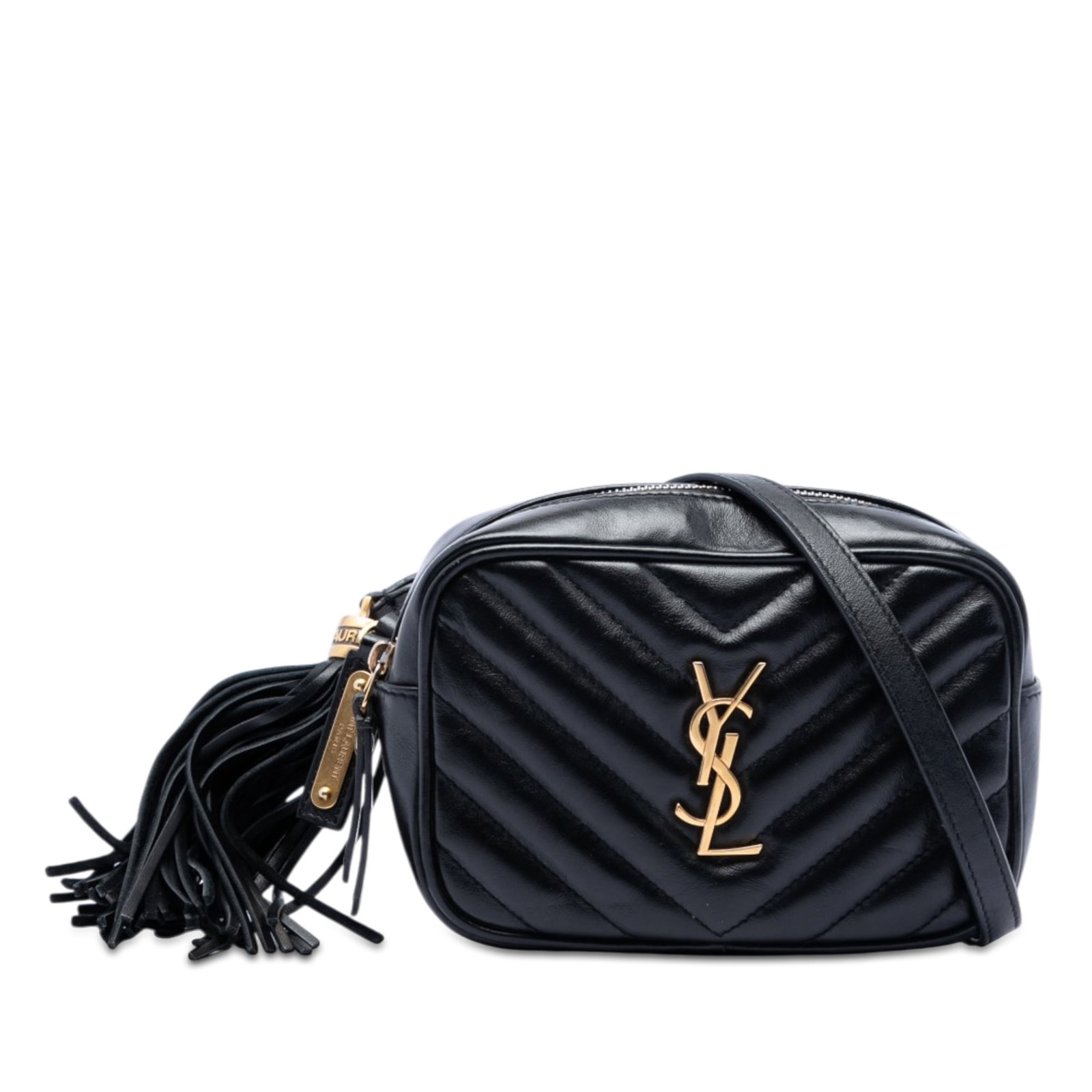 Saint Laurent Lou quilted leather camera bag tassel strap: Saint Laurent Lou quilted leather camera bag tassel strap This Saint Laurent Mini Matelasse Calfskin Monogram Lou Tassel Camera Bag features a quilted leather body with a tassel detail, an adjustable 
