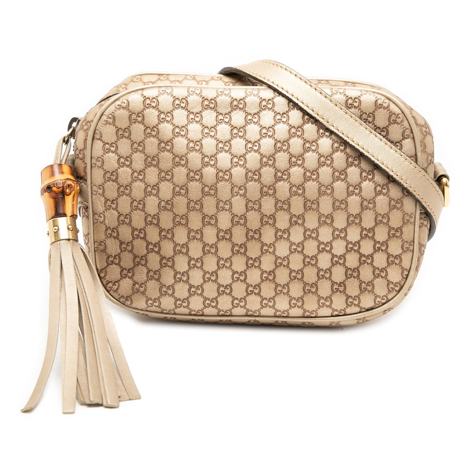 Gucci gold leather crossbody Sunshine Disco camera bag: Gucci gold leather crossbody Sunshine Disco camera bag This Gucci Metallic Microguccissima Sunshine Disco Camera Bag is crafted from gold leather and features a crossbody design with a flat leather st