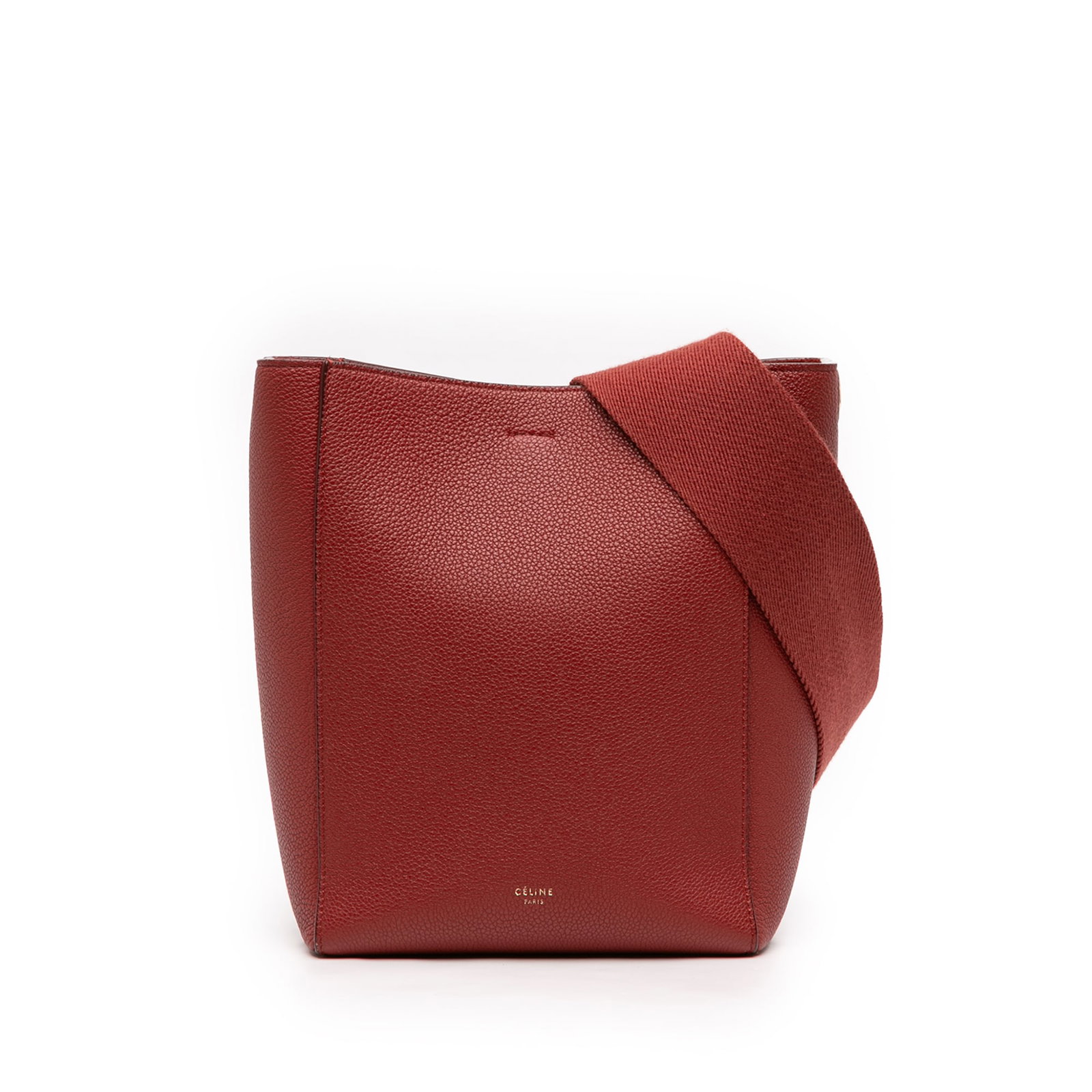 Celine Red Leather Bucket Bag Seau Sangle Small: Celine Red Leather Bucket Bag Seau Sangle Small This Celine Small Leather Seau Sangle Bucket Bag features a red leather body with a detachable flat canvas strap. It has an open top with a hook clasp c