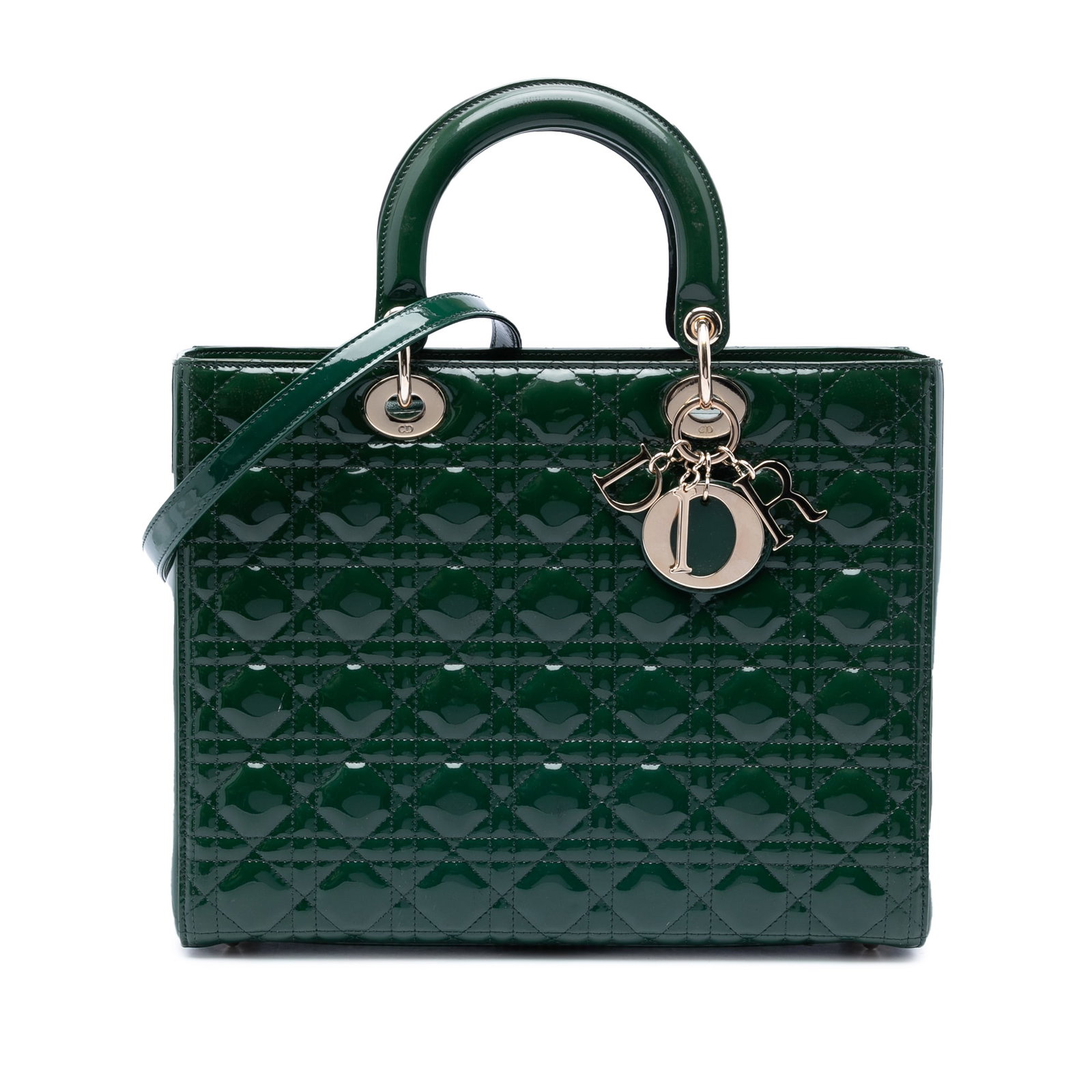 Dior Large Cannage Patent Leather Lady Bag Green: Dior Large Cannage Patent Leather Lady Bag Green This Lady Dior handbag features a quilted patent leather body in green, complemented by flat patent leather top handles and a detachable flat patent le