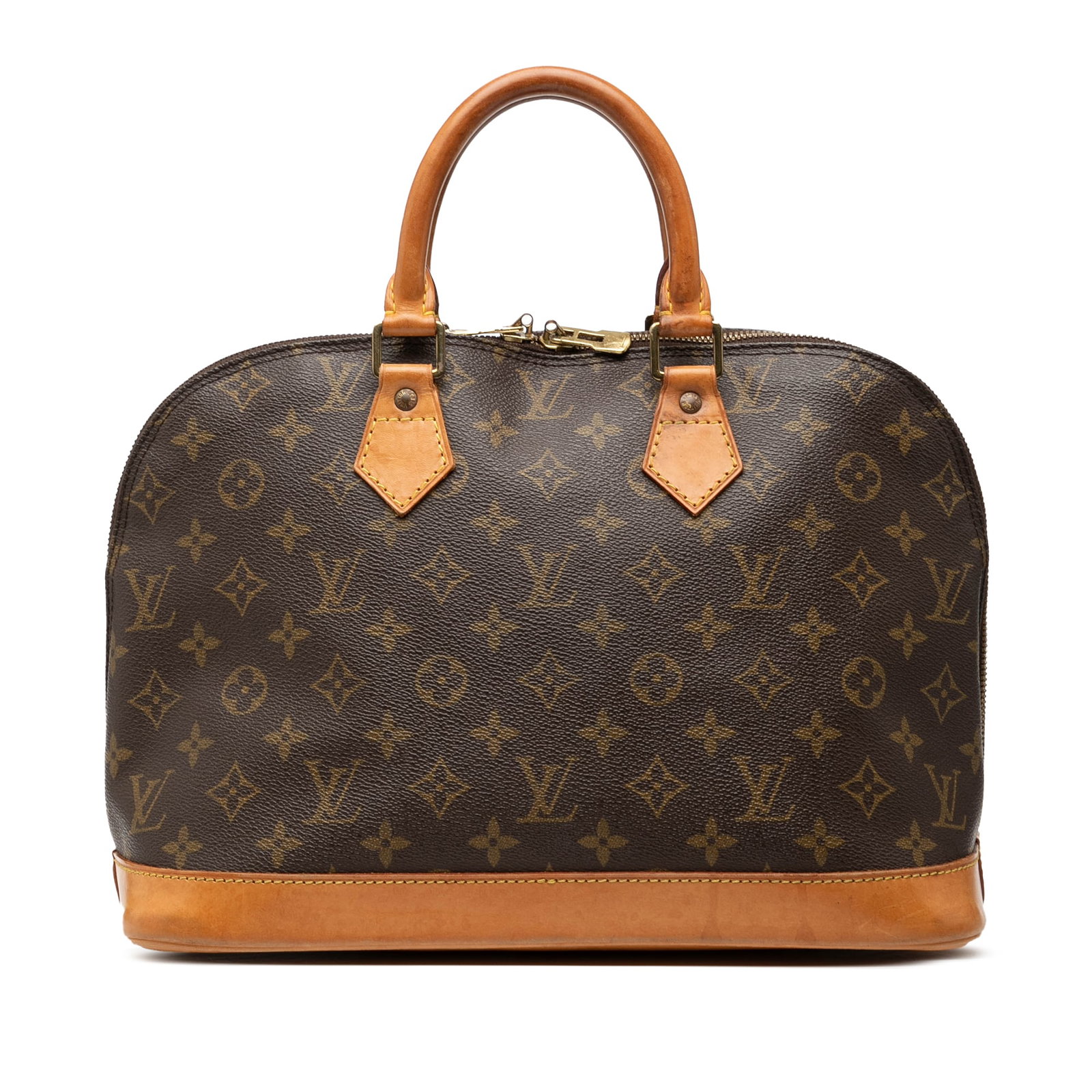 Louis Vuitton Alma PM Brown Monogram Canvas Handbag with Leather Trim: Louis Vuitton Alma PM Brown Monogram Canvas Handbag with Leather Trim The Louis Vuitton Monogram Alma PM features a classic monogram canvas body with vachetta leather trim and rolled vachetta leather 