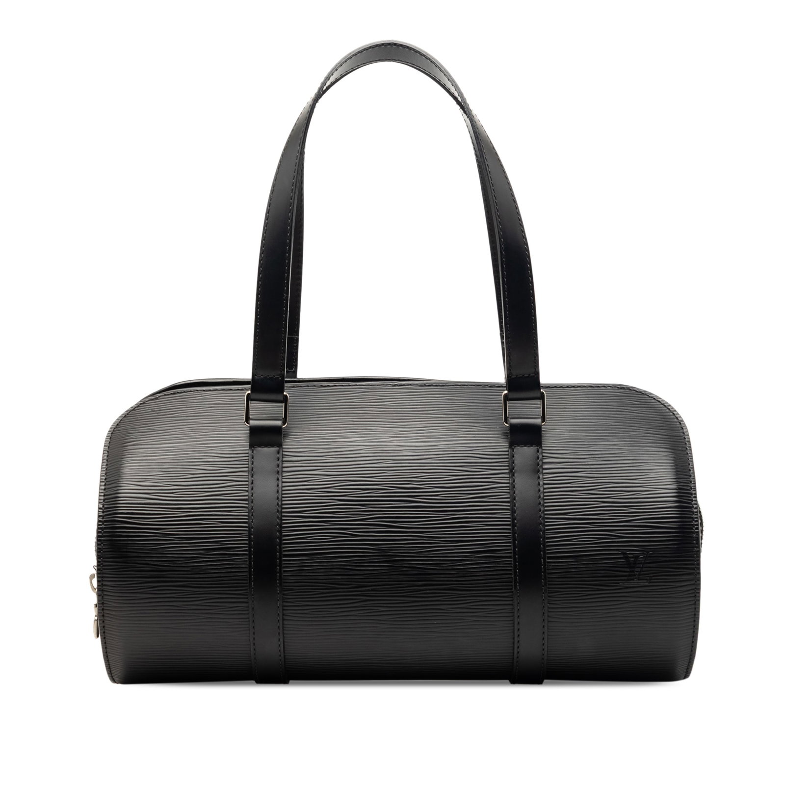 Louis Vuitton Epi black leather Soufflot bag: Louis Vuitton Epi black leather Soufflot bag This Louis Vuitton Epi Soufflot bag features a black epi leather body, flat leather straps, a top zip closure, and an interior slip pocket. The bag shows s