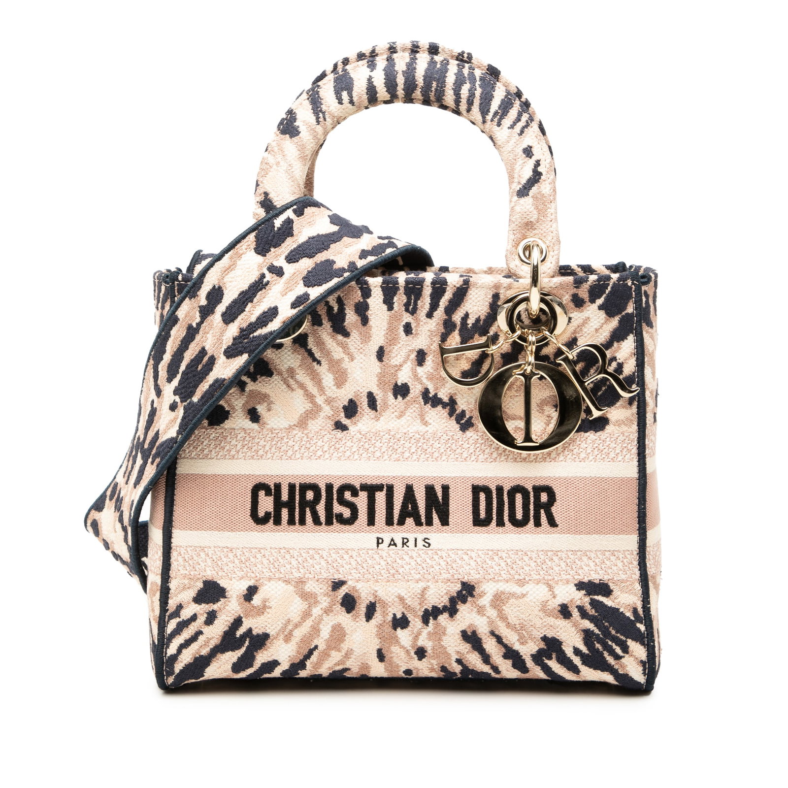 Dior Lady D-Lite Medium Pink Embroidered Canvas Tie Dye Shoulder Bag: Dior Lady D-Lite Medium Pink Embroidered Canvas Tie Dye Shoulder Bag This Dior Medium Embroidered Canvas Tie Dye Lady D-Lite bag features a pink embroidered canvas body, flat handles, a detachable fla