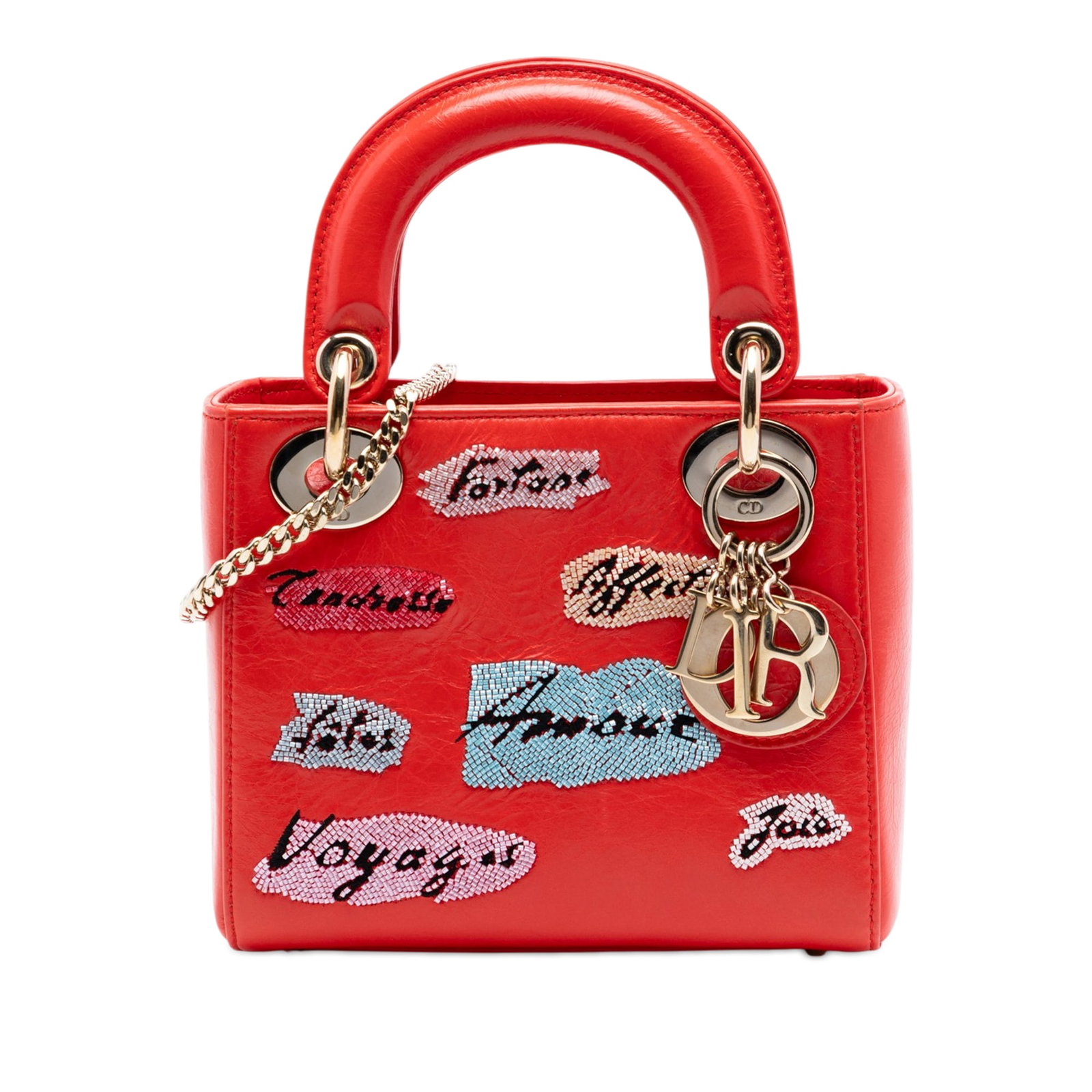 Dior Mini Calfskin Beaded Lady Bag: Dior Mini Calfskin Beaded Lady Bag This Mini Calfskin Beaded Lady Dior bag features a bead-embellished leather body, flat leather handles, and a detachable chain link shoulder strap with a leather gua